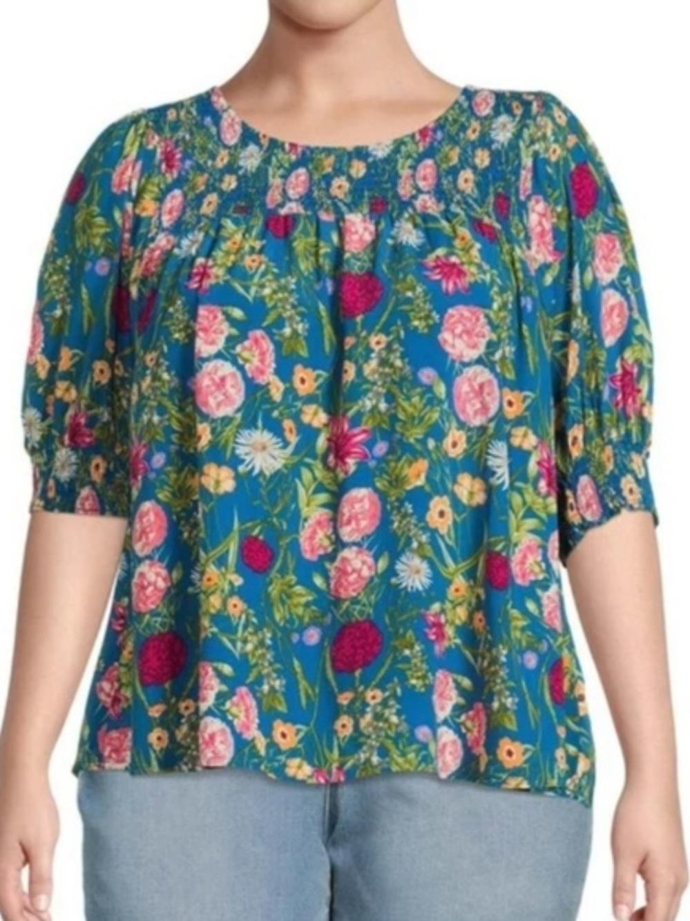 Ava & VIV Floral Smocked-Neck Blouse - Teal Floral SIZE 4X NWT